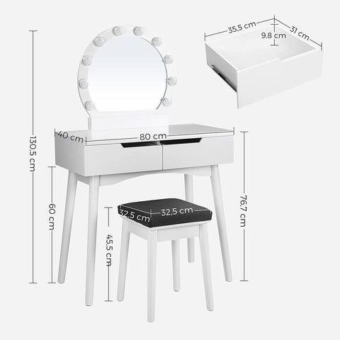 Rootz Dressing Table - Dressing Table With Mirror And Lighting - Country House Style - Makeup Desk - Lighted Vanity Mirror Desk - Light-up Vanity Table - MDF - Pinewood - White - 80 x 40 x 130.5 cm (L x W x H)