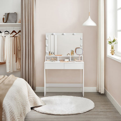 Rootz Dressing Table - With Mirror And Light Bulbs - Makeup Dressing Table - Lighted Mirror Dresser - Cosmetic Vanity Table - Chipboard - Melamine Coating - White - 80 x 40 x 140 cm (L x W x H)