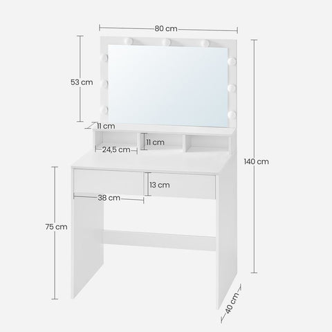 Rootz Dressing Table - With Mirror And Light Bulbs - Makeup Dressing Table - Lighted Mirror Dresser - Cosmetic Vanity Table - Chipboard - Melamine Coating - White - 80 x 40 x 140 cm (L x W x H)