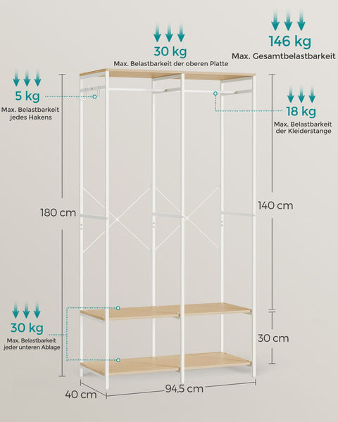 Rootz Clothes Rack Organizer - Garment Rack - Wardrobe Stand - Steel Chipboard - Heavy Duty - Natural Beige - 40cm x 94.5cm x 180cm