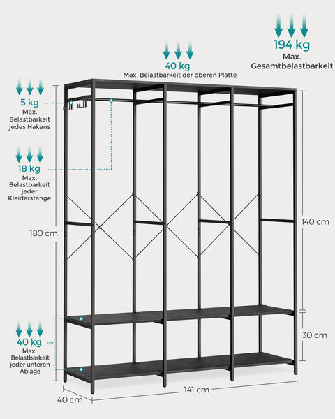 Rootz Clothes Rack - Garment Organizer - Wardrobe Stand - Steel Chipboard - Heavy Duty - 40cm x 141cm x 180cm