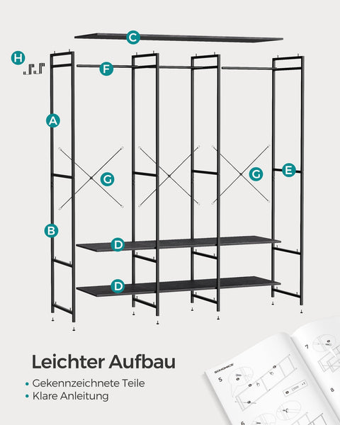 Rootz Wardrobe with Removable Hooks - Coat Stand - Clothes Organizer - Steel and Chipboard - 40cm x 141cm x 180cm - Ebony Black - 21kg - 194kg Capacity