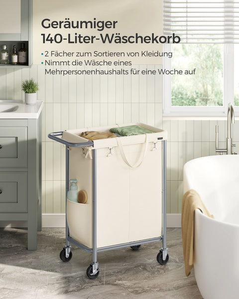 Rootz Laundry Basket on Wheels - Rolling Hamper - Portable Storage Bin - Steel Frame - Cream White - 69cm x 39cm x 81cm - 600D Oxford Fabric - Lightweight - Easy to Assemble - High Load Capacity