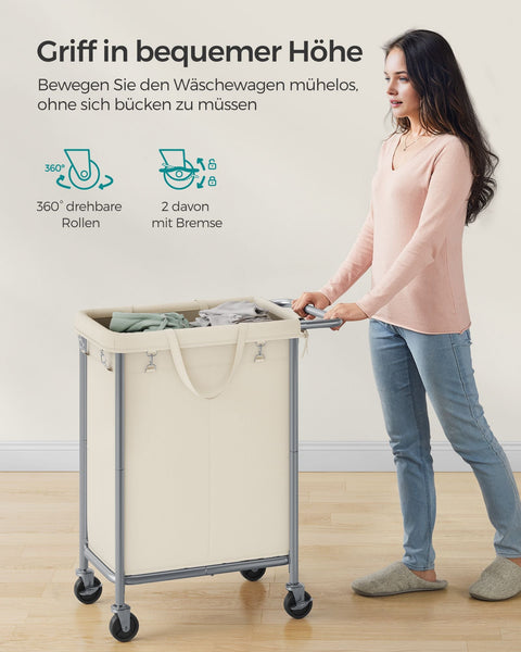 Rootz Laundry Basket on Wheels - Rolling Hamper - Portable Storage Bin - Steel Frame - Cream White - 69cm x 39cm x 81cm - 600D Oxford Fabric - Lightweight - Easy to Assemble - High Load Capacity
