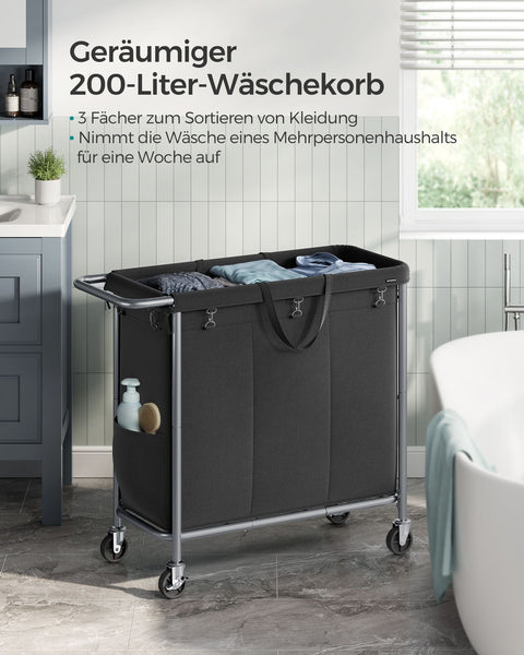 Rootz Laundry Basket on Wheels - Rolling Hamper - Portable Storage - Steel Frame - 91cm x 39cm x 81cm - Ink Black - 600D Oxford Fabric - Lightweight - Easy Assembly - Convenient Storage Solution