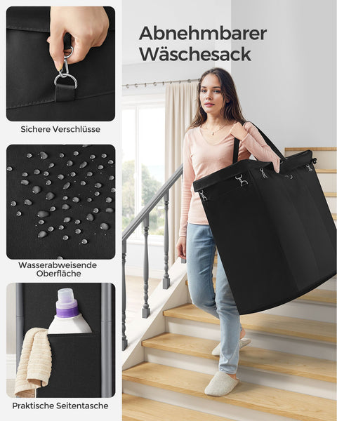 Rootz Laundry Basket on Wheels - Rolling Hamper - Portable Storage - Steel Frame - 91cm x 39cm x 81cm - Ink Black - 600D Oxford Fabric - Lightweight - Easy Assembly - Convenient Storage Solution