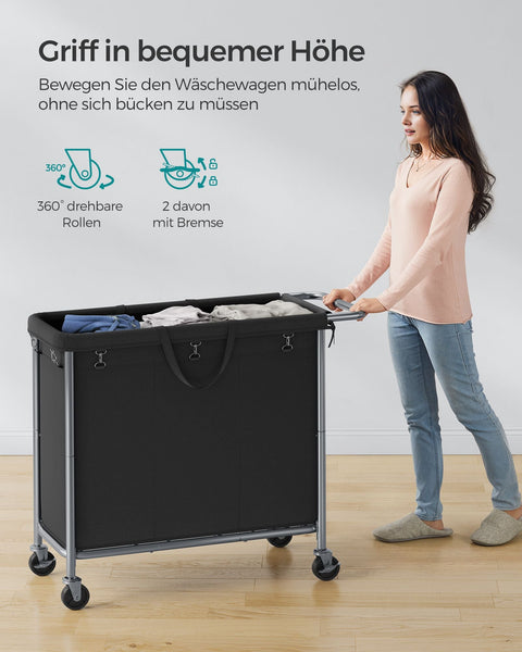 Rootz Laundry Basket on Wheels - Rolling Hamper - Portable Storage - Steel Frame - 91cm x 39cm x 81cm - Ink Black - 600D Oxford Fabric - Lightweight - Easy Assembly - Convenient Storage Solution