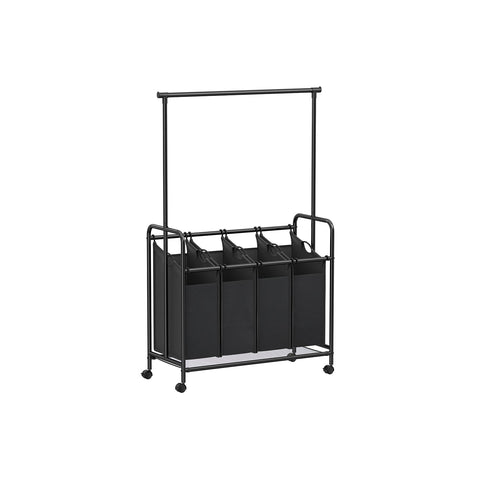 Rootz Laundry Trolley with Clothes Rail - Black - Rolling Cart - Heavy Duty - Portable - Powder-coated Steel Tubes - 108cm x 44cm x 172cm