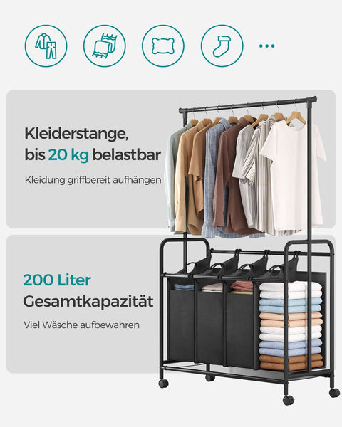 Rootz Laundry Trolley with Clothes Rail - Black - Rolling Cart - Heavy Duty - Portable - Powder-coated Steel Tubes - 108cm x 44cm x 172cm