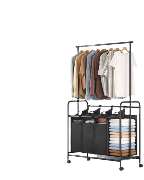 Rootz 4 x 50 Liters Laundry Basket on Wheels - Rolling Laundry Cart - Removable Laundry Bag - Black Powder-coated Steel - 108cm x 44cm x 172cm