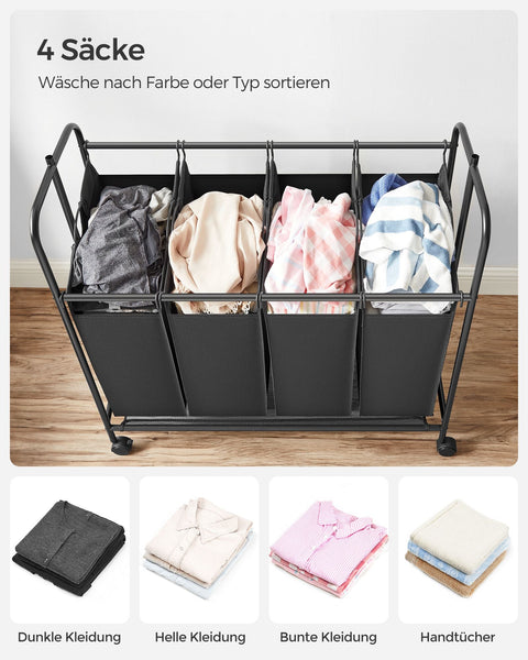 Rootz Laundry Trolley with Clothes Rail - Black - Rolling Cart - Heavy Duty - Portable - Powder-coated Steel Tubes - 108cm x 44cm x 172cm