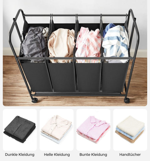 Rootz 4 x 50 Liters Laundry Basket on Wheels - Rolling Laundry Cart - Removable Laundry Bag - Black Powder-coated Steel - 108cm x 44cm x 172cm