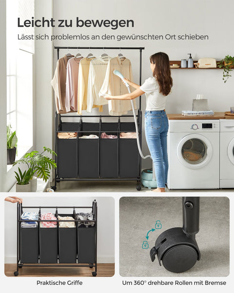 Rootz Laundry Trolley with Clothes Rail - Black - Rolling Cart - Heavy Duty - Portable - Powder-coated Steel Tubes - 108cm x 44cm x 172cm