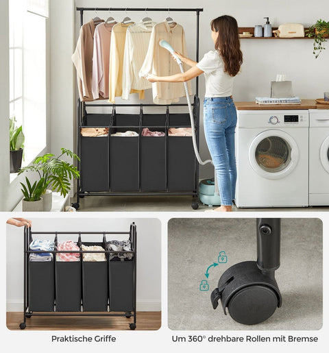 Rootz 4 x 50 Liters Laundry Basket on Wheels - Rolling Laundry Cart - Removable Laundry Bag - Black Powder-coated Steel - 108cm x 44cm x 172cm