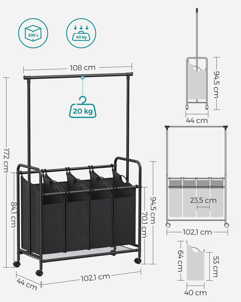 Rootz Laundry Trolley with Clothes Rail - Black - Rolling Cart - Heavy Duty - Portable - Powder-coated Steel Tubes - 108cm x 44cm x 172cm