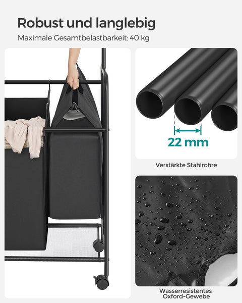 Rootz Laundry Trolley with Clothes Rail - Black - Rolling Cart - Heavy Duty - Portable - Powder-coated Steel Tubes - 108cm x 44cm x 172cm