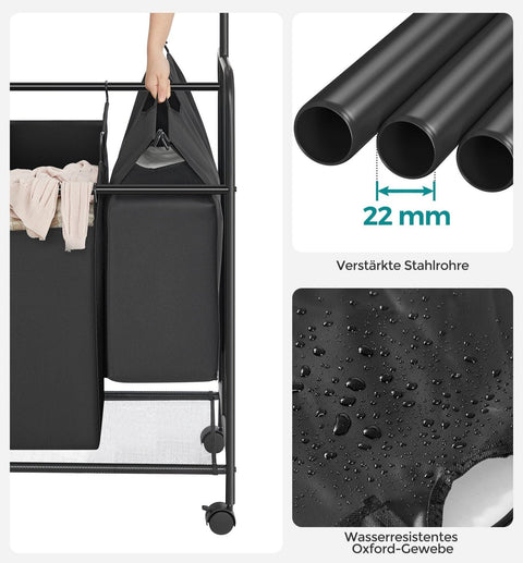 Rootz 4 x 50 Liters Laundry Basket on Wheels - Rolling Laundry Cart - Removable Laundry Bag - Black Powder-coated Steel - 108cm x 44cm x 172cm