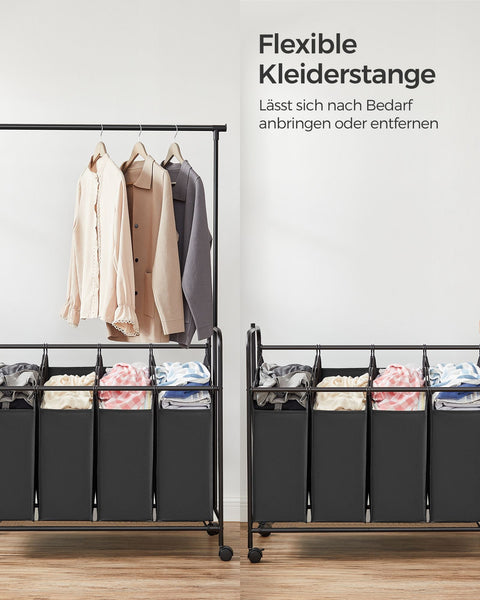 Rootz Laundry Trolley with Clothes Rail - Black - Rolling Cart - Heavy Duty - Portable - Powder-coated Steel Tubes - 108cm x 44cm x 172cm
