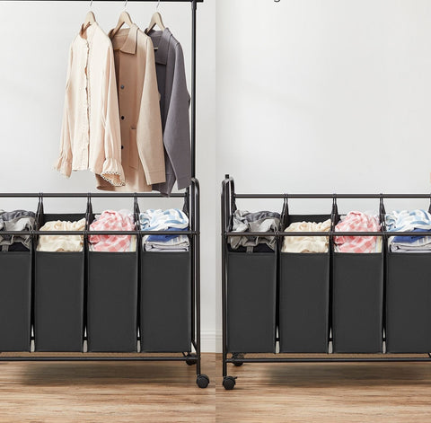 Rootz 4 x 50 Liters Laundry Basket on Wheels - Rolling Laundry Cart - Removable Laundry Bag - Black Powder-coated Steel - 108cm x 44cm x 172cm