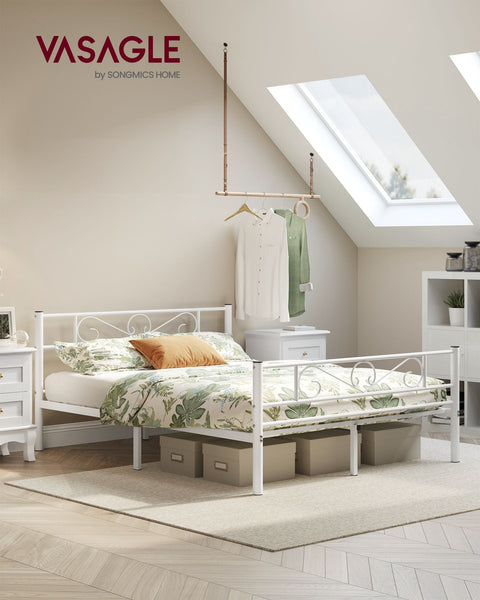 Rootz White Metal Bed Frame - Platform Bed - Powder Coated Frame - Heavy Duty - Spacious - Easy Assembly - 207.6cm x 161.8cm x 86.4cm