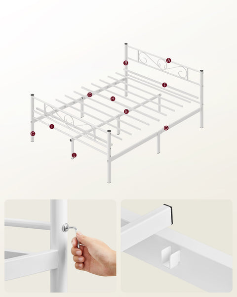Rootz White Metal Bed Frame - Platform Bed - Powder Coated Frame - Heavy Duty - Spacious - Easy Assembly - 207.6cm x 161.8cm x 86.4cm