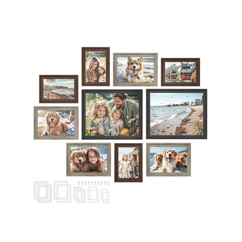 Rootz 10-Piece Picture Frame Set - Photo Display - Wall Decor - MDF Glass - Mounting Kit - 23cm x 28cm - 15.3cm x 20.4cm - 12.8cm x 17.9cm