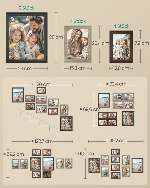 Rootz 10-Piece Picture Frame Set - Photo Display - Wall Decor - MDF Glass - Mounting Kit - 23cm x 28cm - 15.3cm x 20.4cm - 12.8cm x 17.9cm