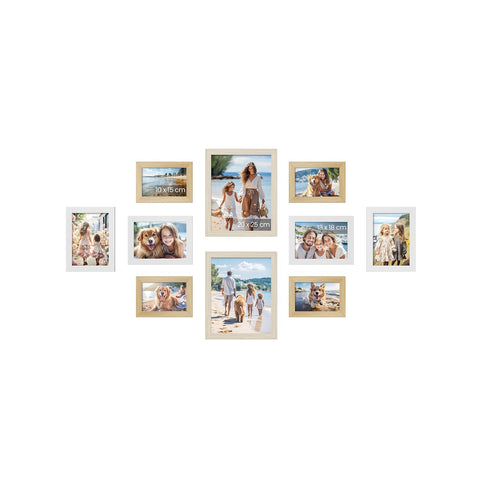 Rootz 10 Piece Set Picture Frame - Photo Frame - Wooden Frames - Natural Oak Color - Cloud White - Beige - 33.1cm x 31cm x 11.7cm