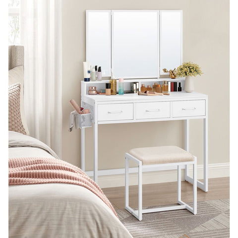 Rootz White Dressing Table Set - Vanity Table - Makeup Table - Chipboard Steel Glass - Artificial Leather Foam Rubber - 40cm x 90cm x 141cm - 28.6cm x 42cm x 42.5cm - 25.7kg - 150kg Max Load - Includes Stool and Assembly Tools