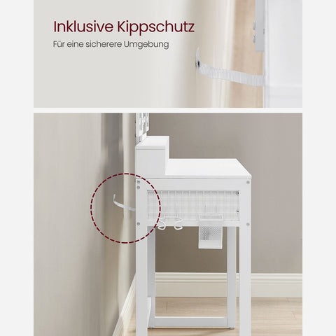 Rootz White Dressing Table Set - Vanity Table - Makeup Table - Chipboard Steel Glass - Artificial Leather Foam Rubber - 40cm x 90cm x 141cm - 28.6cm x 42cm x 42.5cm - 25.7kg - 150kg Max Load - Includes Stool and Assembly Tools