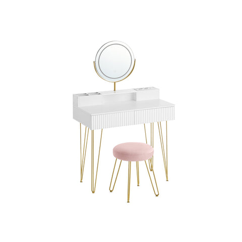Rootz Dressing Table Set - Vanity Desk - Makeup Table - Integrated Lighting - 40 x 80 x 134.8 cm - Matte White-Pale Gold Finish