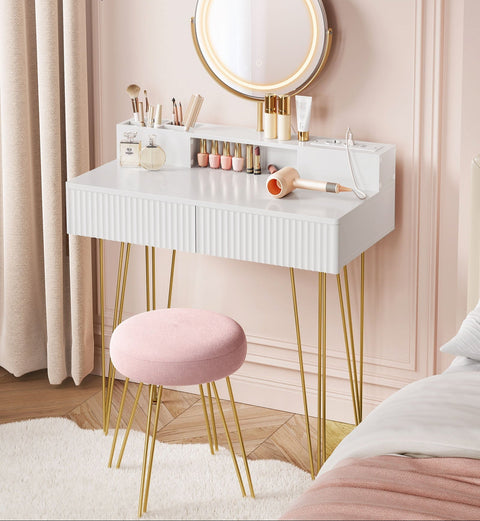 Rootz Dressing Table Set - Vanity Desk - Makeup Table - Integrated Lighting - 40 x 80 x 134.8 cm - Matte White-Pale Gold Finish