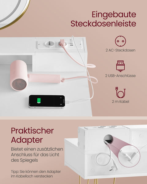 Rootz Dressing Table Set - Vanity Desk - Makeup Table - Integrated Lighting - 40 x 80 x 134.8 cm - Matte White-Pale Gold Finish