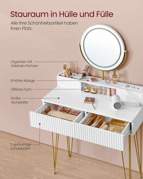 Rootz Dressing Table Set - Vanity Desk - Makeup Table - Integrated Lighting - 40 x 80 x 134.8 cm - Matte White-Pale Gold Finish