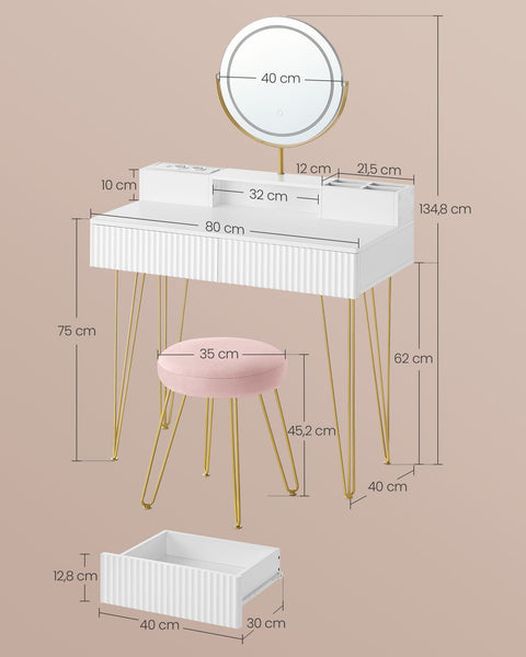 Rootz Dressing Table Set - Vanity Desk - Makeup Table - Integrated Lighting - 40 x 80 x 134.8 cm - Matte White-Pale Gold Finish