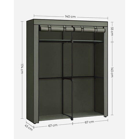 Rootz Fabric Cabinet with 2 Clothes Rails - Wardrobe Organiser - Clothing Stand - Non-woven Fabric - Metal Frame - 43cm x 140cm x 174cm