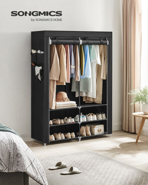Rootz Portable Black Wardrobe - Closet Organizer - Clothes Storage - Steel Frame - Non-Woven Fabric - Plastic Connectors - 45cm x 127cm x 176cm - Lightweight - Easy Assembly - Spacious Storage