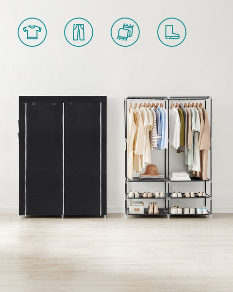 Rootz Portable Black Wardrobe - Closet Organizer - Clothes Storage - Steel Frame - Non-Woven Fabric - Plastic Connectors - 45cm x 127cm x 176cm - Lightweight - Easy Assembly - Spacious Storage