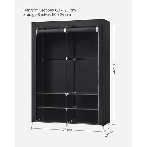 Rootz Portable Black Wardrobe - Closet Organizer - Clothes Storage - Steel Frame - Non-Woven Fabric - Plastic Connectors - 45cm x 127cm x 176cm - Lightweight - Easy Assembly - Spacious Storage