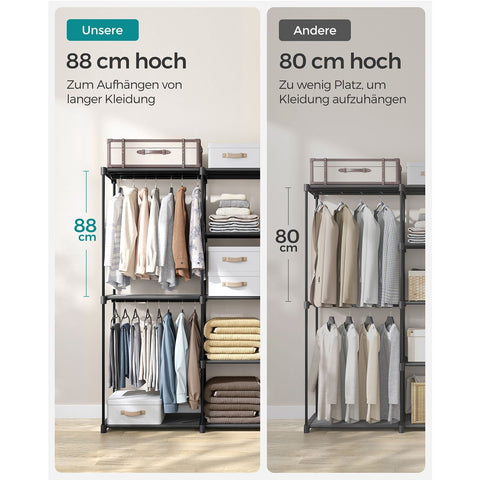 Rootz Portable Black Open Wardrobe - Clothes Rack - Closet Organizer - Steel Frame - Non-Woven Fabric Shelves - Plastic Connectors - 43cm x 182cm x 182cm - Lightweight - Spacious - Easy Assembly