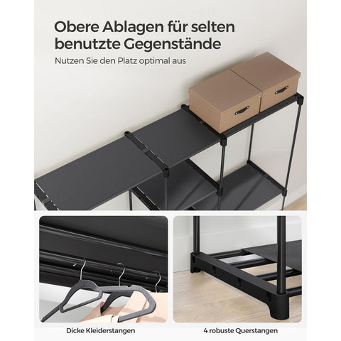 Rootz Portable Black Open Wardrobe - Clothes Rack - Closet Organizer - Steel Frame - Non-Woven Fabric Shelves - Plastic Connectors - 43cm x 182cm x 182cm - Lightweight - Spacious - Easy Assembly