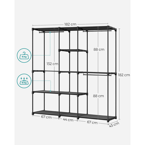 Rootz Portable Black Open Wardrobe - Clothes Rack - Closet Organizer - Steel Frame - Non-Woven Fabric Shelves - Plastic Connectors - 43cm x 182cm x 182cm - Lightweight - Spacious - Easy Assembly
