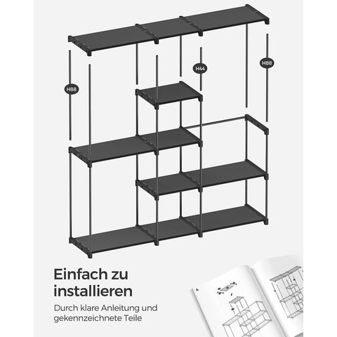 Rootz Portable Black Open Wardrobe - Clothes Rack - Closet Organizer - Steel Frame - Non-Woven Fabric Shelves - Plastic Connectors - 43cm x 182cm x 182cm - Lightweight - Spacious - Easy Assembly
