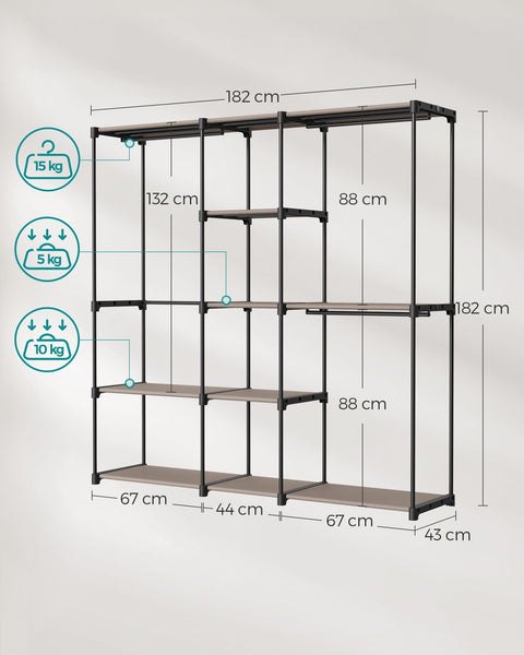 Rootz Open Wardrobe - Clothes Rack - Closet Organizer - Steel Frame - Taupe - 182cm x 43cm x 182cm - Heavy Duty - Easy Assembly - Spacious Storage