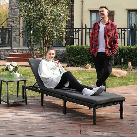 Rootz Black Poly Rattan Sun Lounger - Outdoor Bed - Daybed - Iron Frame - Polyester Fabric - 59cm x 198cm x 28cm
