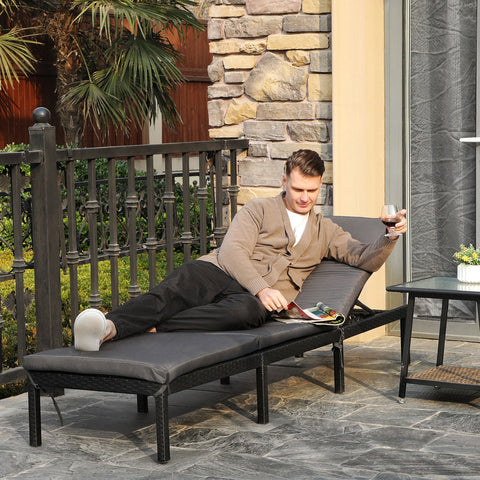 Rootz Black Poly Rattan Sun Lounger - Outdoor Bed - Daybed - Iron Frame - Polyester Fabric - 59cm x 198cm x 28cm