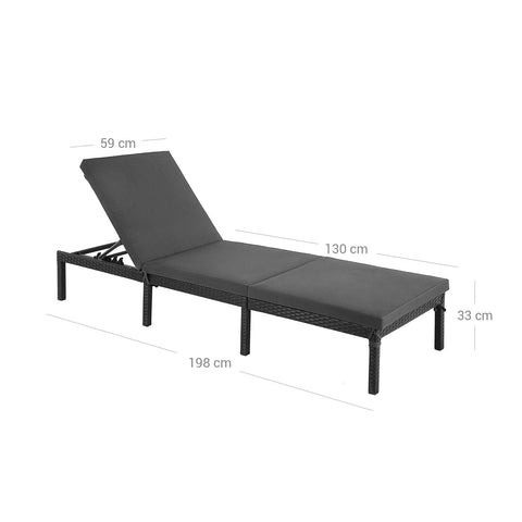 Rootz Black Poly Rattan Sun Lounger - Outdoor Bed - Daybed - Iron Frame - Polyester Fabric - 59cm x 198cm x 28cm