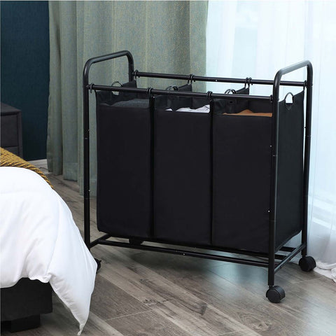 Rootz Laundry Basket On Wheels - 3 Pockets - Laundry Hamper - 3 Removable Fabric Bags - Rolling Laundry Hamper - 3-section Laundry Cart - 600D Polyester - Black - 77 x 81.5 x 41 cm (W x H x D)