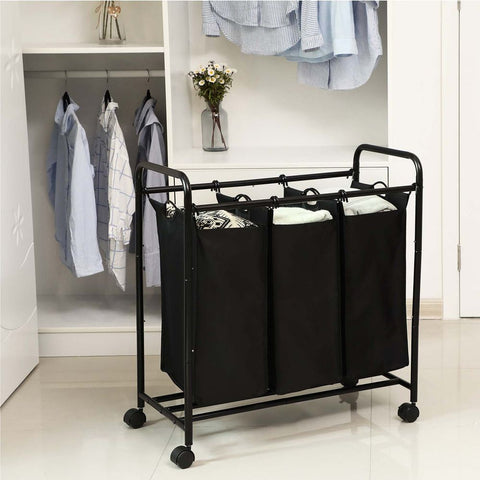 Rootz Laundry Basket On Wheels - 3 Pockets - Laundry Hamper - 3 Removable Fabric Bags - Rolling Laundry Hamper - 3-section Laundry Cart - 600D Polyester - Black - 77 x 81.5 x 41 cm (W x H x D)