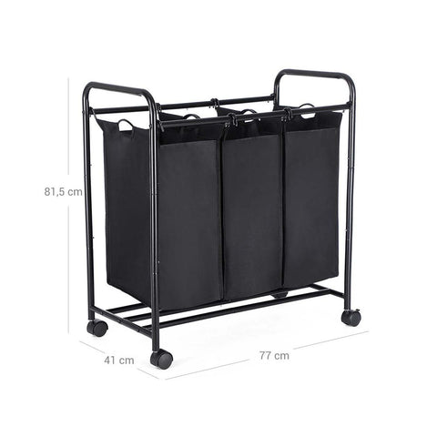 Rootz Laundry Basket On Wheels - 3 Pockets - Laundry Hamper - 3 Removable Fabric Bags - Rolling Laundry Hamper - 3-section Laundry Cart - 600D Polyester - Black - 77 x 81.5 x 41 cm (W x H x D)